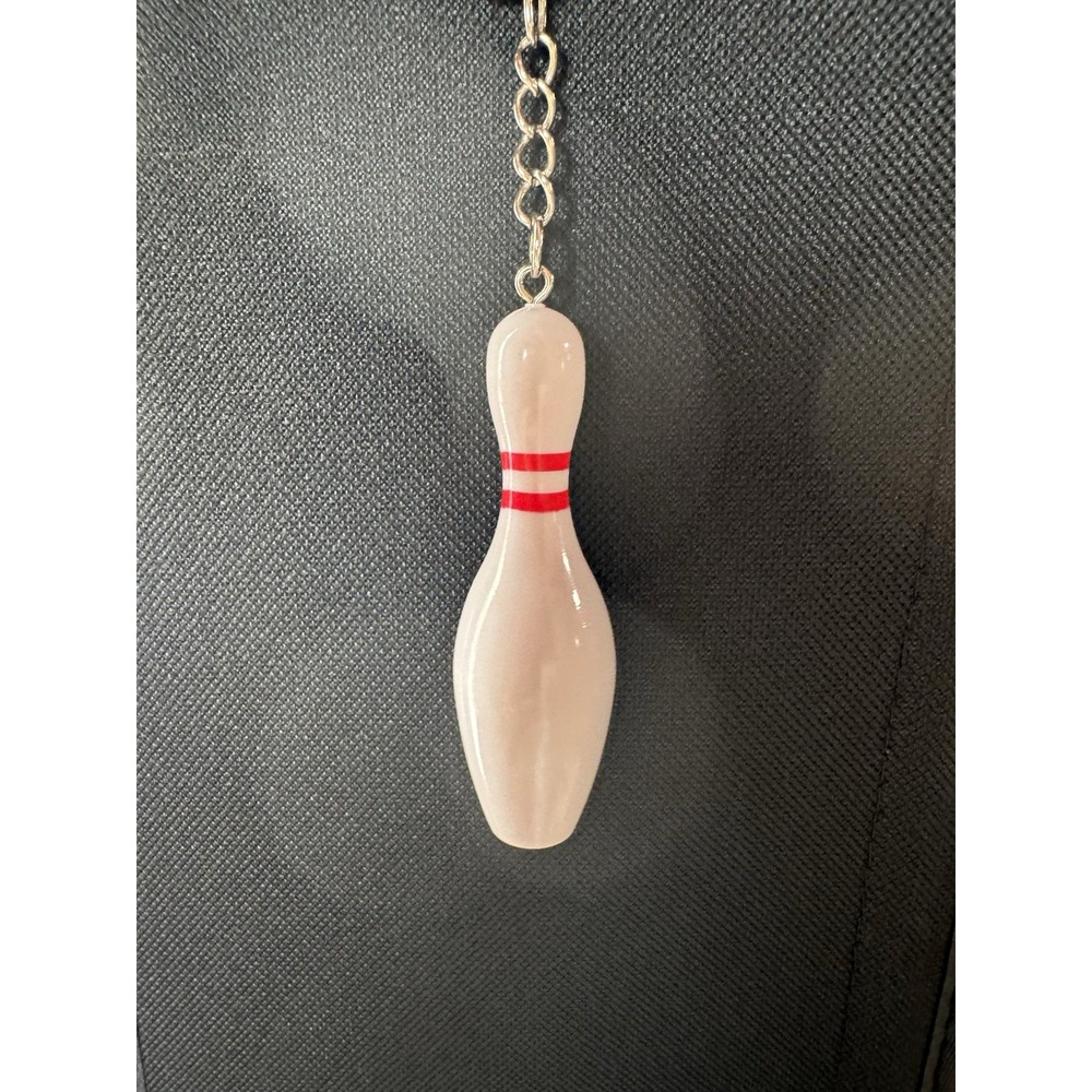 Bowling Pin Keychain White Red Stripes Plastic Keyring Sport Theme